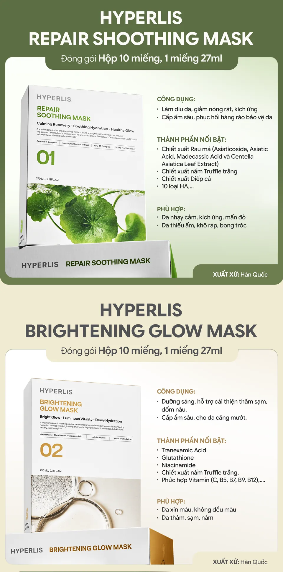 Thông tin sản phẩm Repair Soothing Mask và Brightening Glow Mask – hộp 10 miếng, 1 miếng 27ml, xuất xứ Hàn Quốc